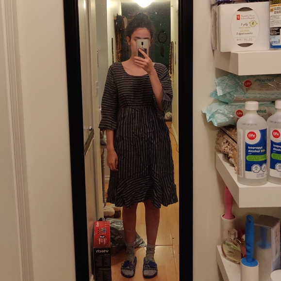 100% Linen Dress w Crew Neck, 3/4 Sleeves, Striped - Picture 5 of 7